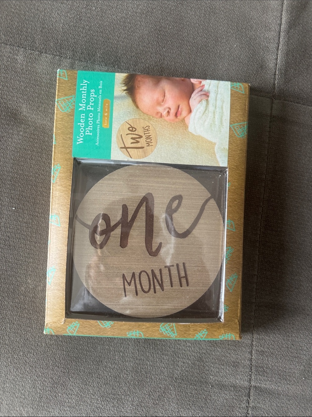Wooden 'One Month' Baby Photo Prop - Neutral Wood & Teal Packaging